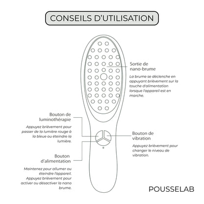 Brosse capillaire 5 en 1 POUSSELAB avec picots massants, luminothérapie rouge et bleue, nano-ionisation et diffuseur de sérum pour stimuler la pousse des cheveux et améliorer la circulation du cuir chevelu