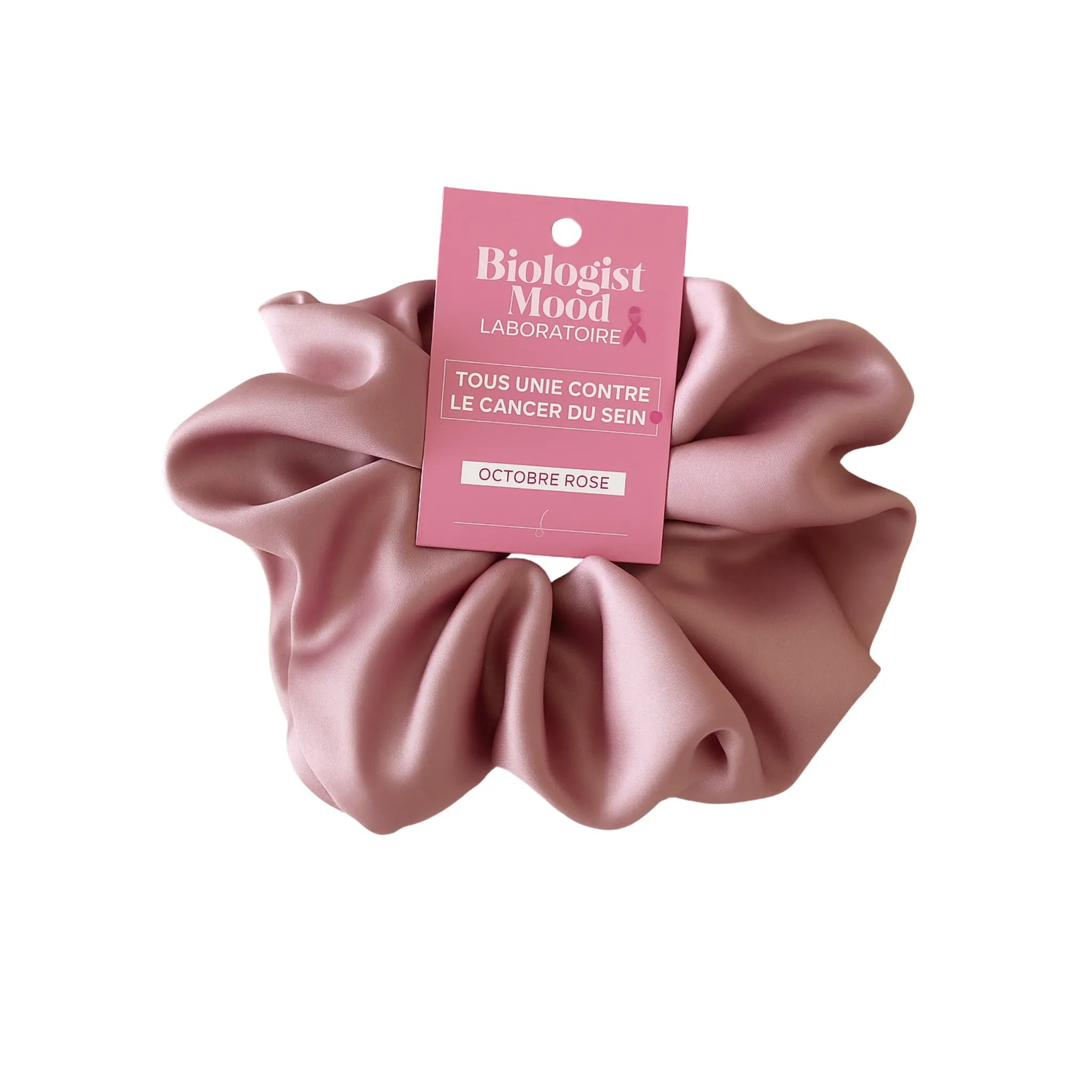 Chouchou en satin rose Biologist Mood – édition Octobre Rose, accessoire cheveux doux et élégant.