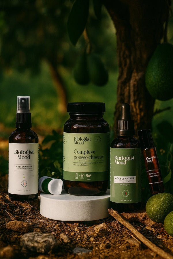 Gamme de produits capillaires Biologist Mood dans un environnement naturel — huiles, lotion, et complexe pousse cheveux à base d’ingrédients végétaux.