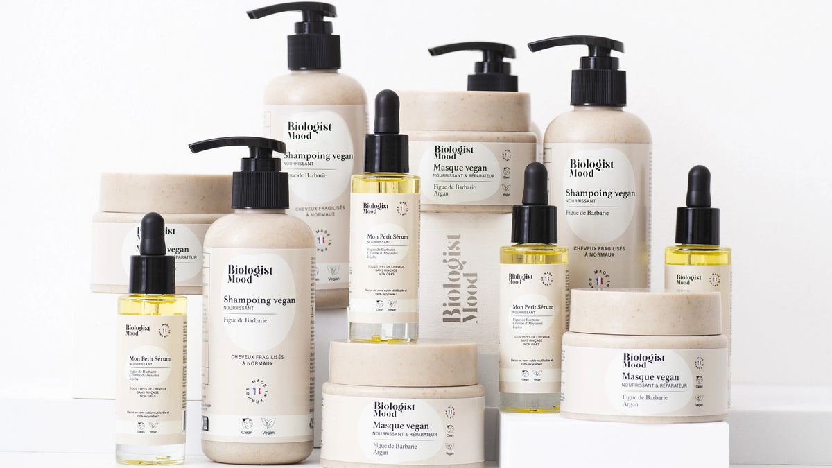 Gamme de soins capillaires véganes Biologist Mood comprenant shampoings, masques et sérums naturels pour fortifier les cheveux et stimuler leur pousse.