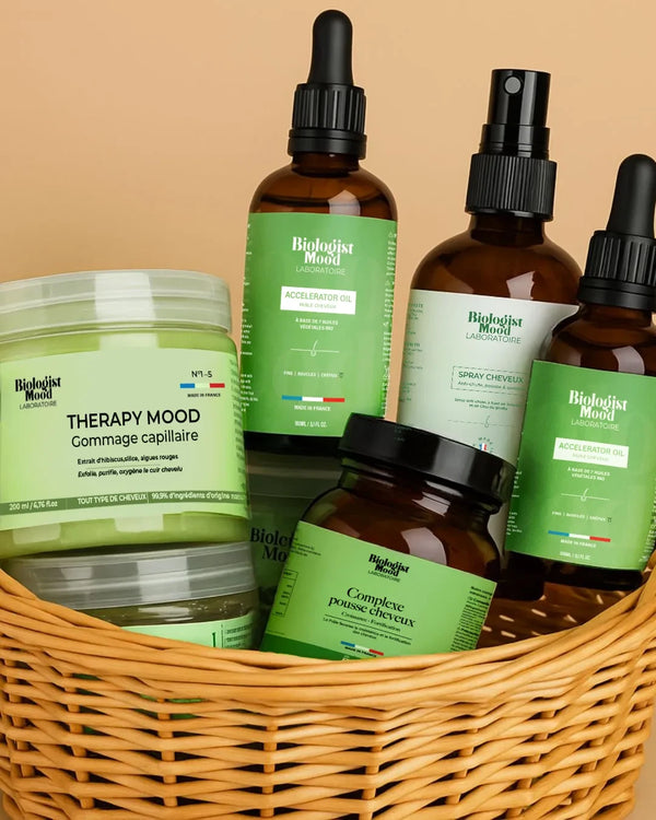 Panier routine cuir chevelu Biologist Mood – gommage capillaire, sprays et soins fortifiants pour exfolier et stimuler la pousse des cheveux