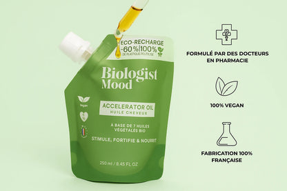 Huile cheveux Biologist Mood Accelerator Oil, 100 % vegan, fabriquée en France et formulée par des docteurs en pharmacie.