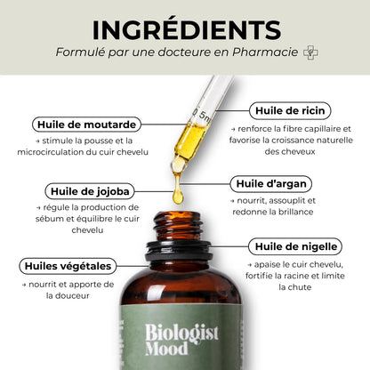huile pousse cheveux Biologist Mood – fiche produit présentant les bienfaits croissance, anti-chute et fortification capillaire