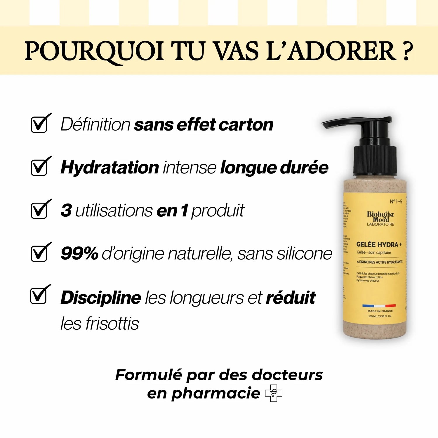 Gelée capillaire hydratante pour cheveux bouclés offrant une hydratation longue durée, des boucles définies et sans effet carton