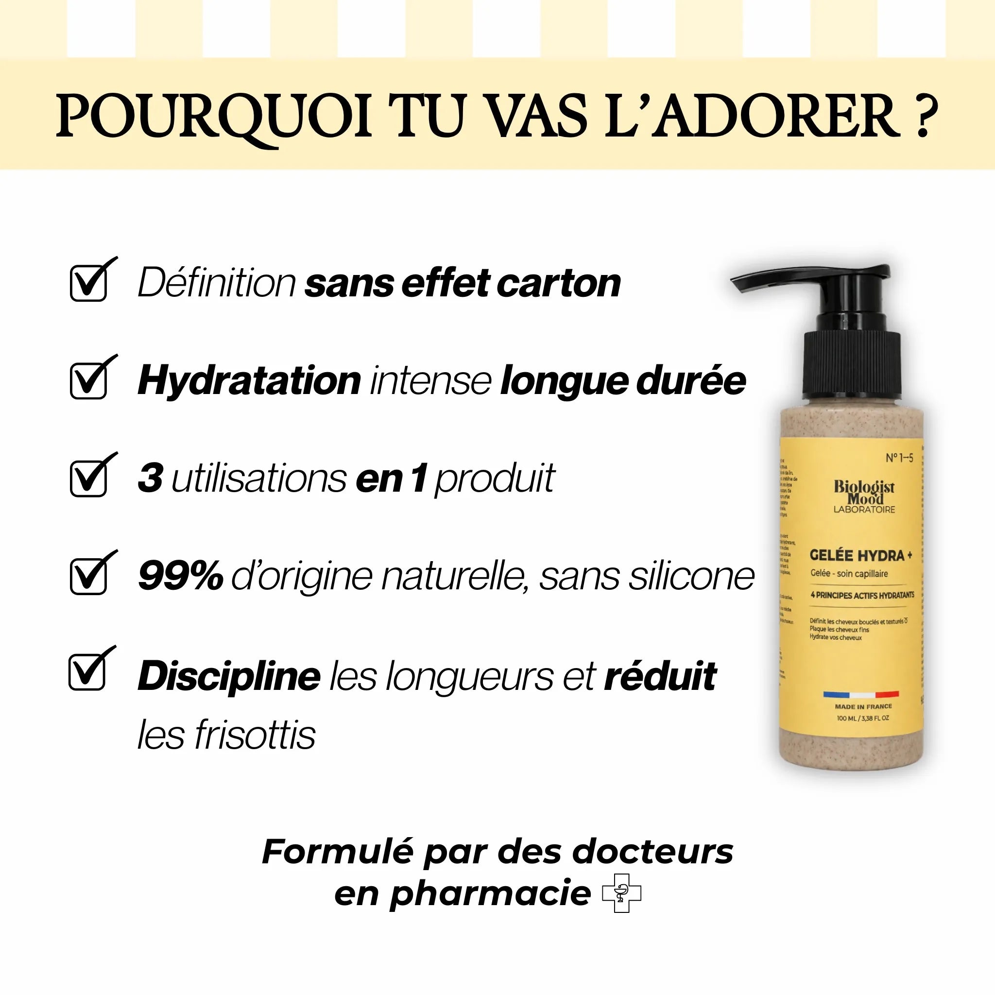 Gelée capillaire hydratante pour cheveux bouclés offrant une hydratation longue durée, des boucles définies et sans effet carton