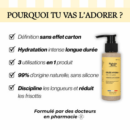 Gelée capillaire hydratante pour cheveux bouclés offrant une hydratation longue durée, des boucles définies et sans effet carton