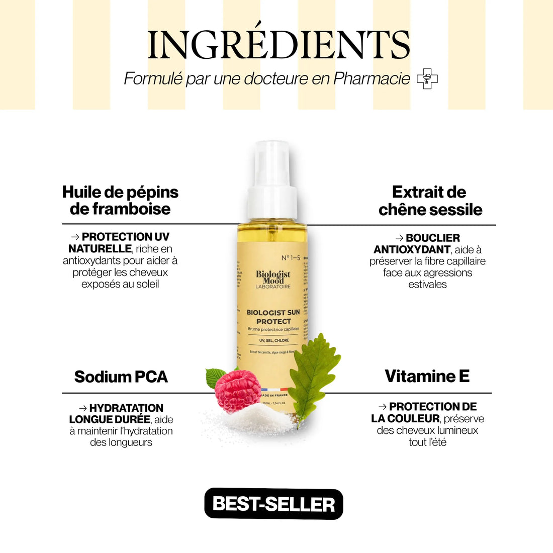 Ingrédients de la protection solaire cheveux Biologist Sun Protect avec vitamine E, sodium PCA et actifs naturels protecteurs