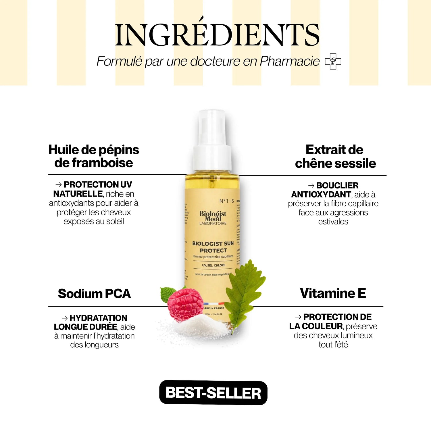 Ingrédients de la protection solaire cheveux Biologist Sun Protect avec vitamine E, sodium PCA et actifs naturels protecteurs