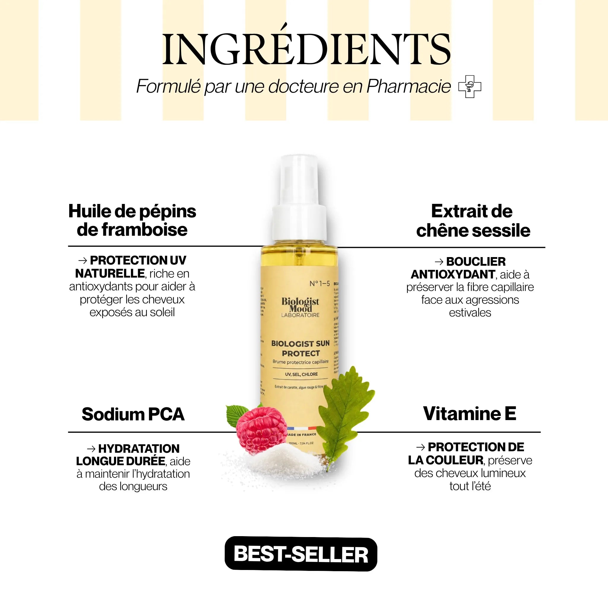 Ingrédients de la protection solaire cheveux Biologist Sun Protect avec vitamine E, sodium PCA et actifs naturels protecteurs