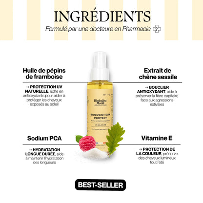 Ingrédients de la protection solaire cheveux Biologist Sun Protect avec vitamine E, sodium PCA et actifs naturels protecteurs