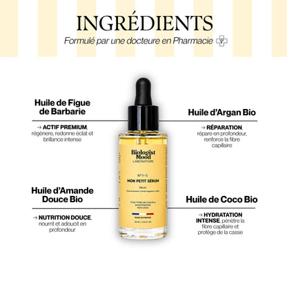 Ingrédients du sérum capillaire pour cheveux secs avec huile d’argan, huile de coco, huile d’amande douce et huile de figue de barbarie pour nourrir et apporter de la brillance