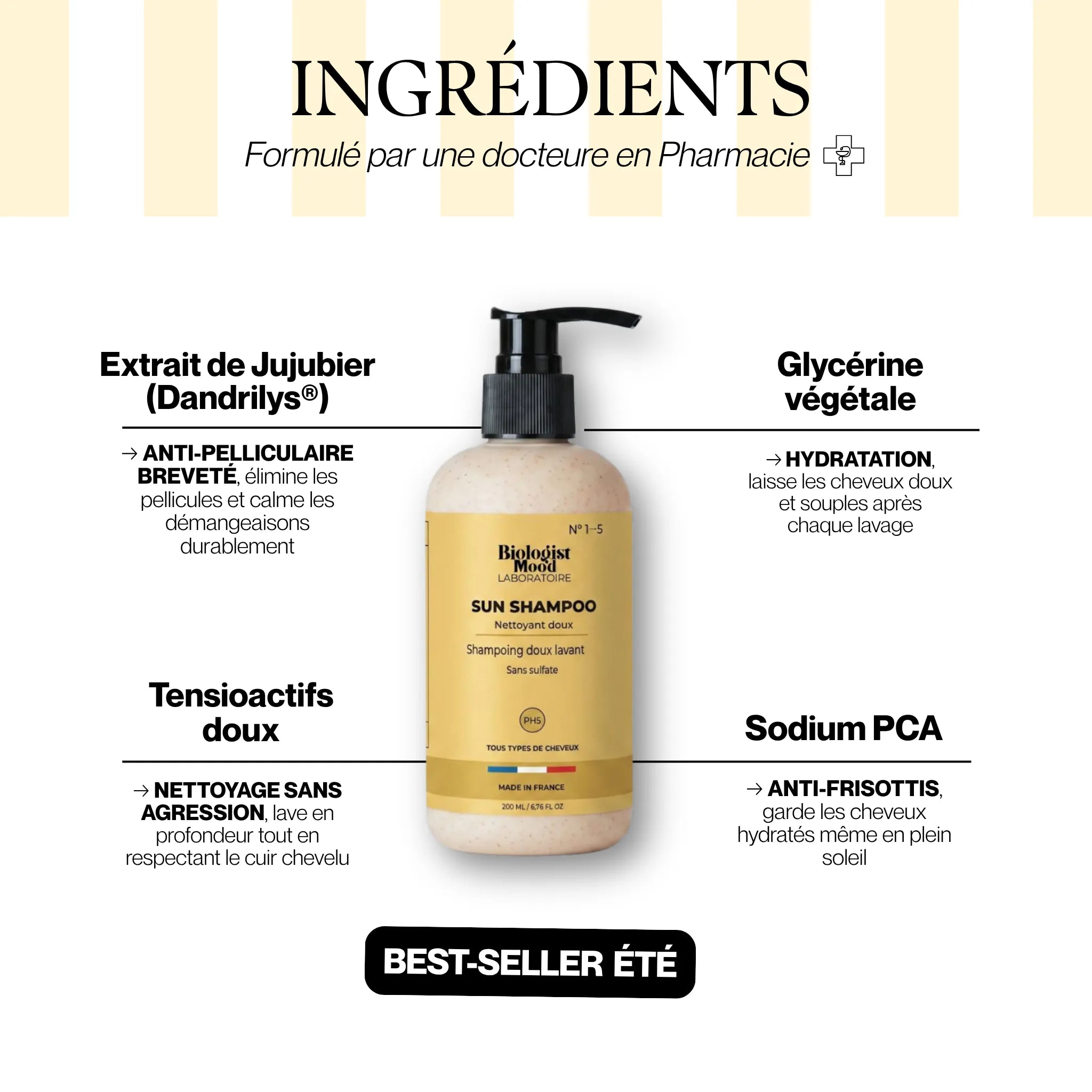 Ingrédients du shampoing solaire sans sulfate Biologist Mood avec extrait de jujubier, glycérine végétale et Sodium PCA pour hydrater, purifier et protéger les cheveux en été.