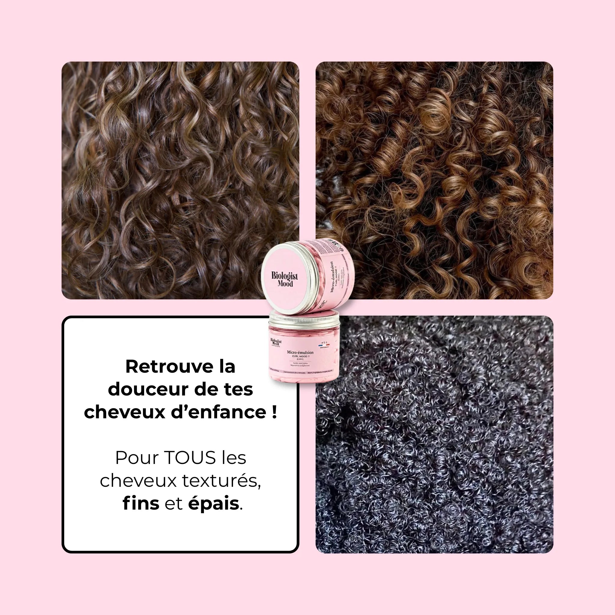 Micro-émulsion Curl Mood Care Biologist Mood pour cheveux bouclés, soin capillaire hydratant et définisseur, vue détaillée du flacon et du design du produit