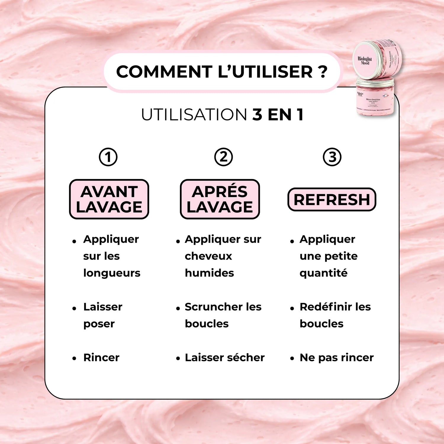 Micro-émulsion Curl Mood Care Biologist Mood pour cheveux bouclés, soin capillaire 3 en 1 hydratant, nourrissant et définisseur, vue du packaging du produit