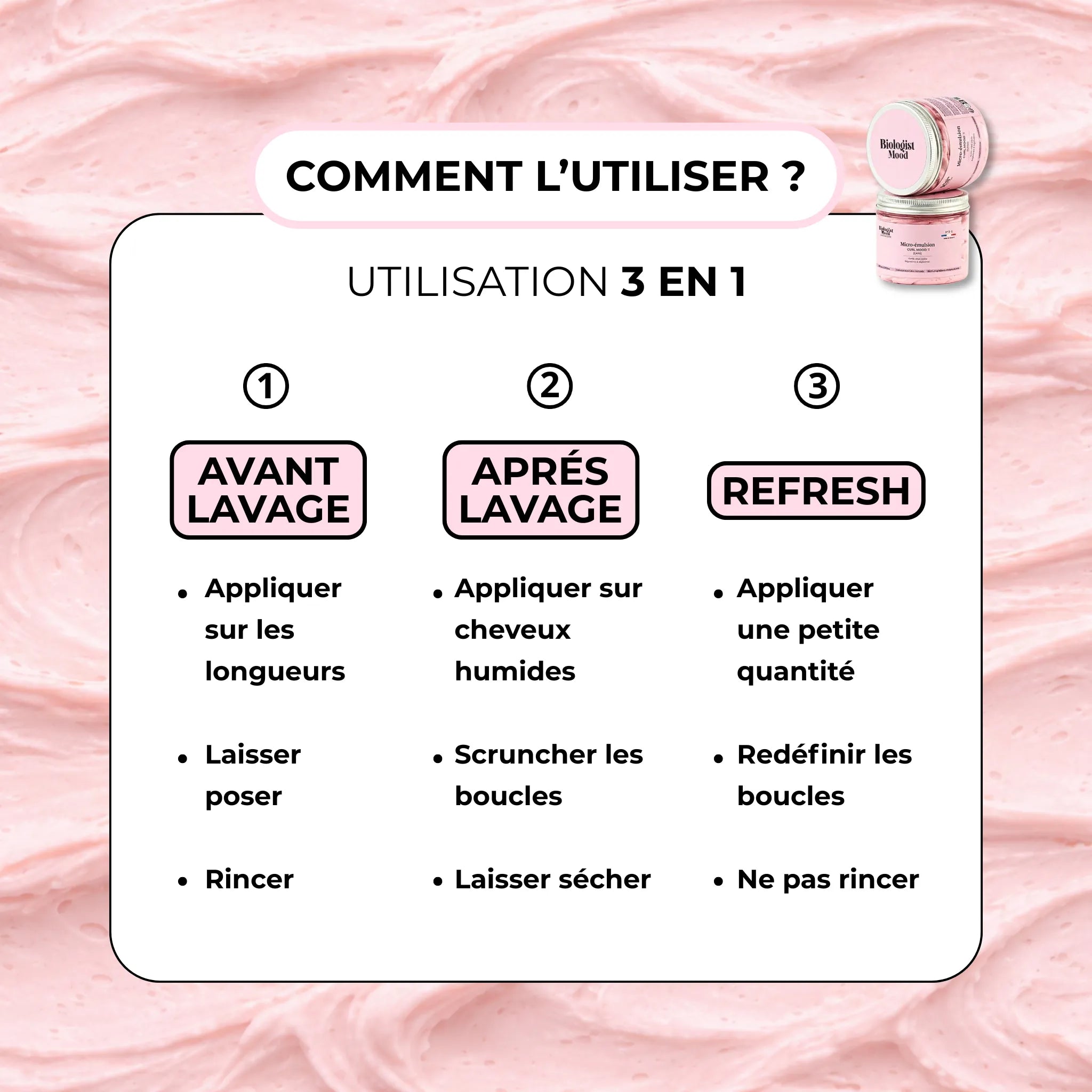 Micro-émulsion Curl Mood Care Biologist Mood pour cheveux bouclés, soin capillaire 3 en 1 hydratant, nourrissant et définisseur, vue du packaging du produit
