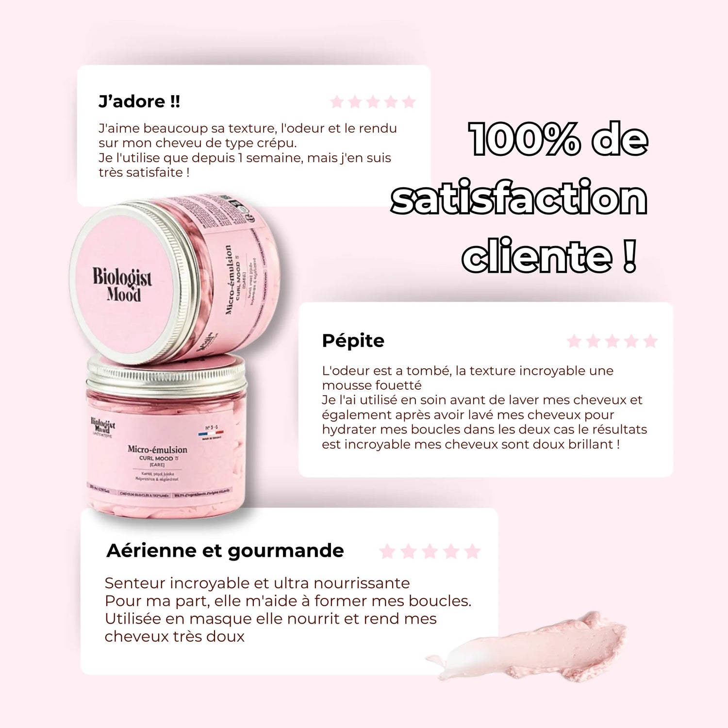 Micro-émulsion Curl Mood Care Biologist Mood pour cheveux bouclés, soin hydratant et définisseur, résultat sur cheveux naturels après application