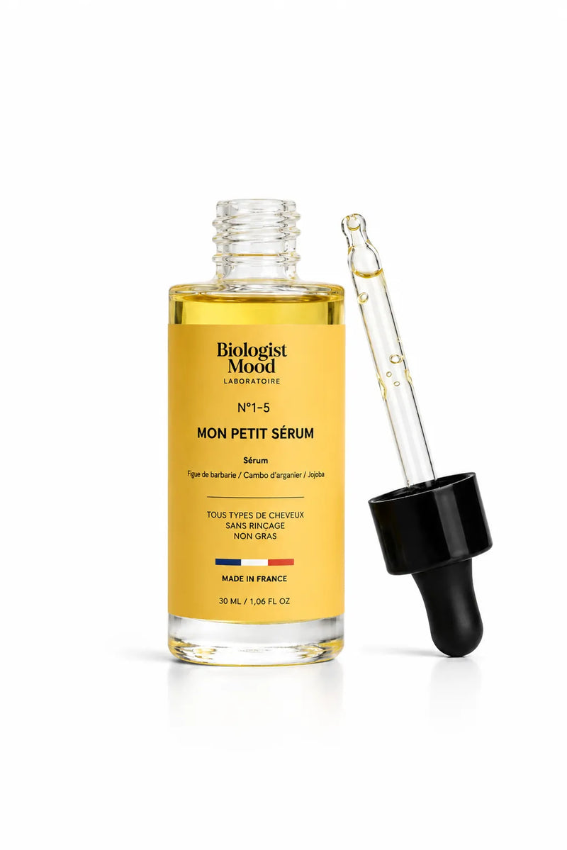 Mon Petit Sérum Biologist Mood, sérum capillaire nourrissant à la figue de barbarie, cambo d’arganier et jojoba, avec pipette noire.