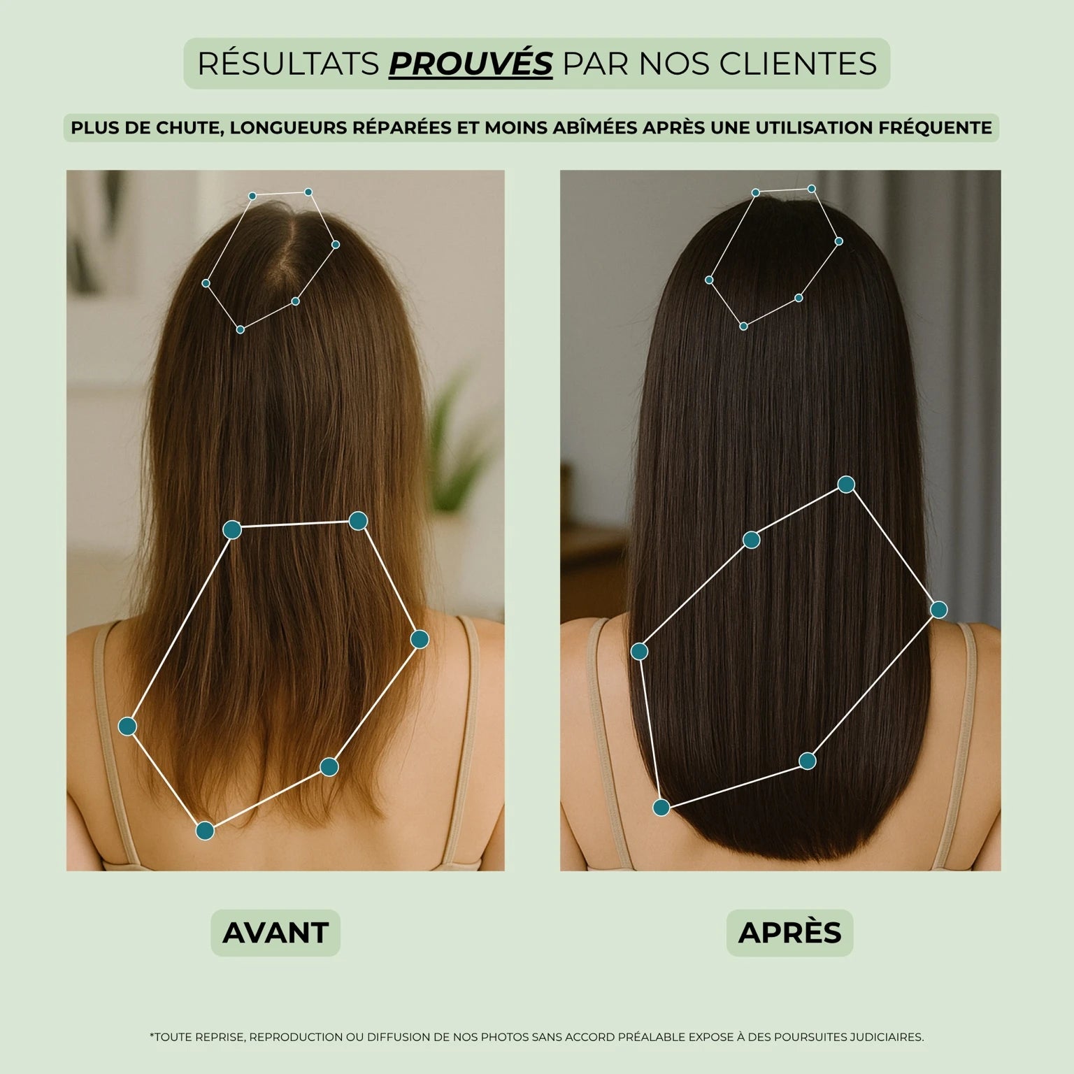 Résultats avant et après utilisation du shampoing au romarin montrant des cheveux plus denses et plus brillants.