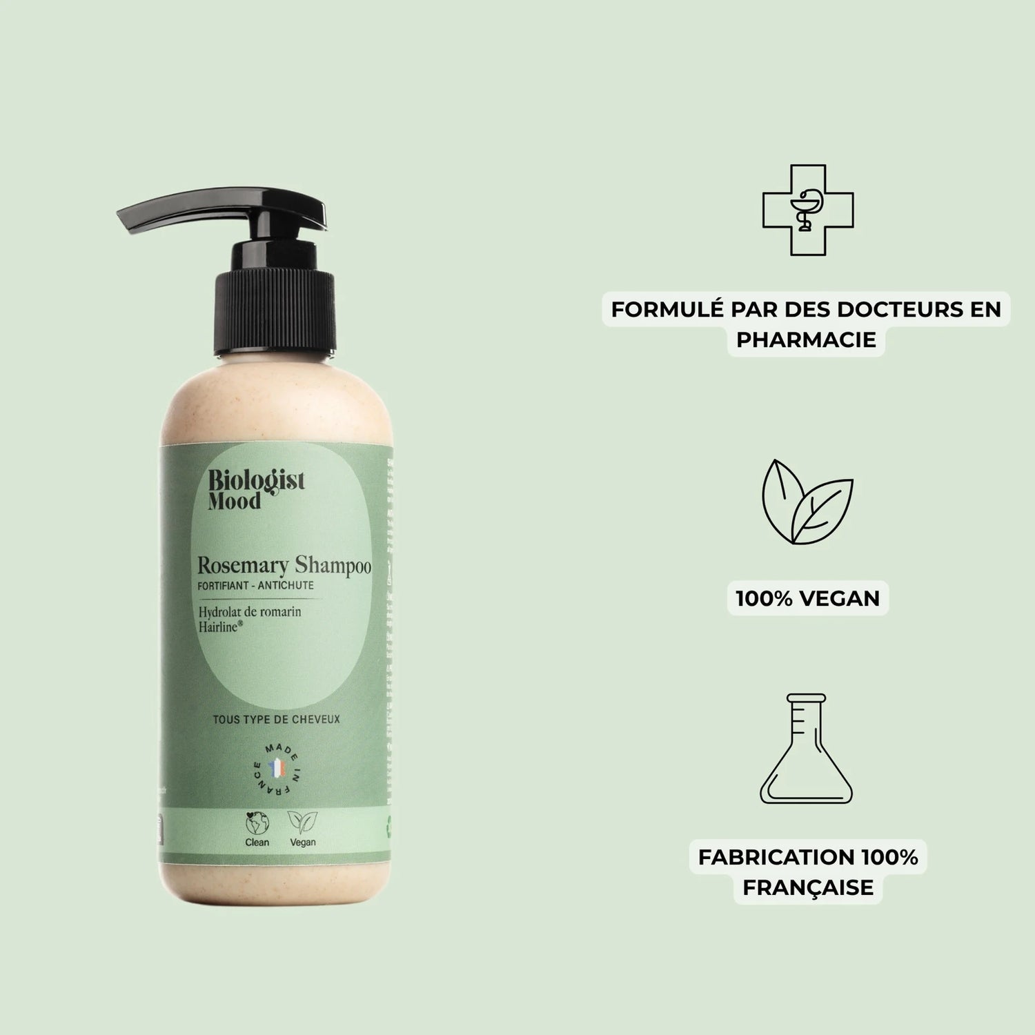 Composition naturelle du shampoing Biologist Mood au romarin avec actif breveté Hairline® pour stimuler la pousse.