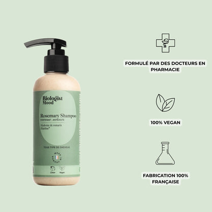 Composition naturelle du shampoing Biologist Mood au romarin avec actif breveté Hairline® pour stimuler la pousse.