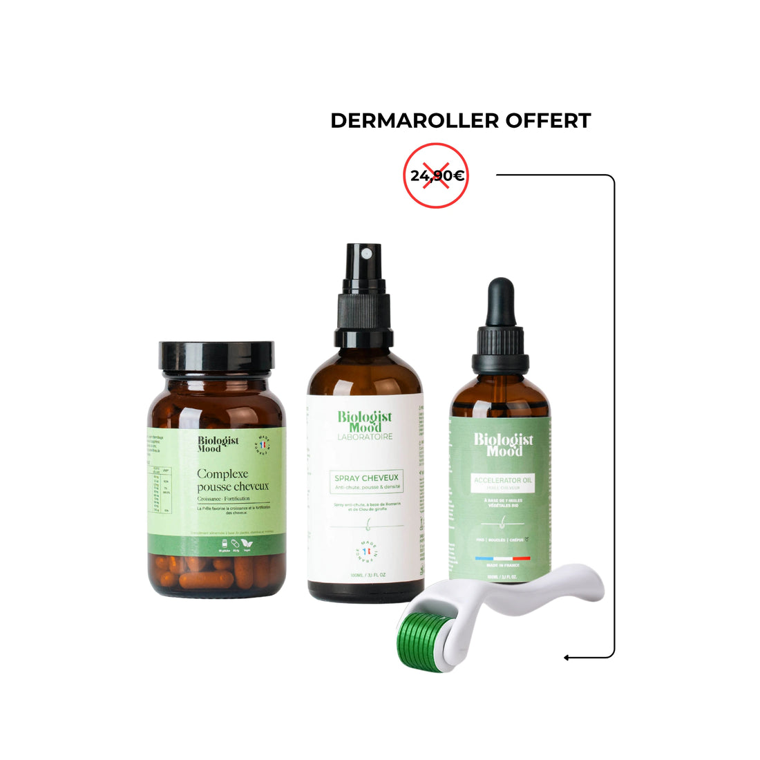 Pack Biologist Mood pour la pousse des cheveux avec dermaroller , incluant spray, huile et compléments capillaires

