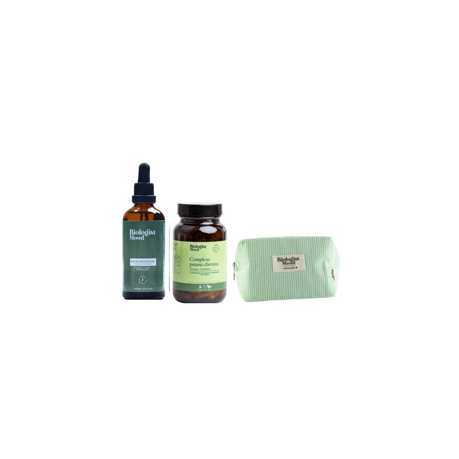 Pack pousse intense cheveux avec complément alimentaire, huile pousse cheveux et trousse Biologist Mood pour stimuler la croissance capillaire et réduire la chute
