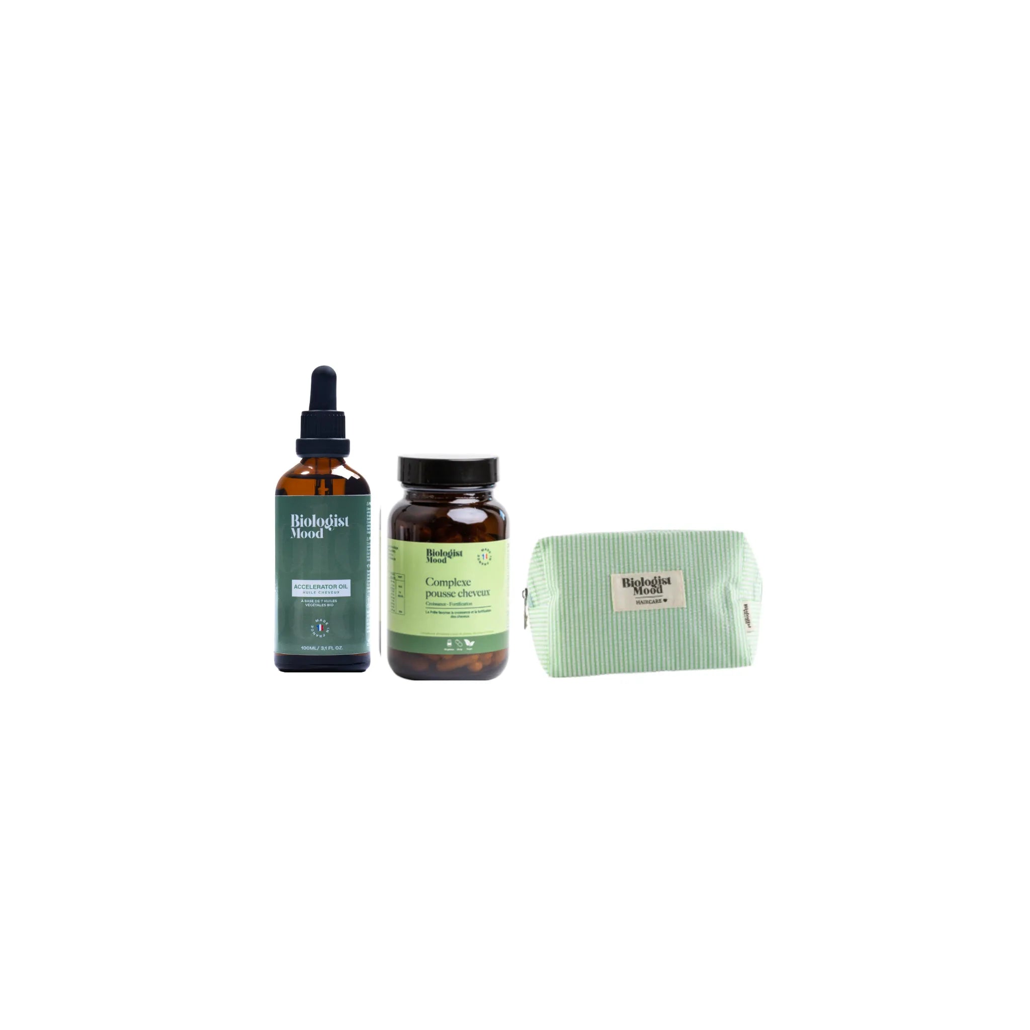 Pack pousse intense cheveux avec complément alimentaire, huile pousse cheveux et trousse Biologist Mood pour stimuler la croissance capillaire et réduire la chute