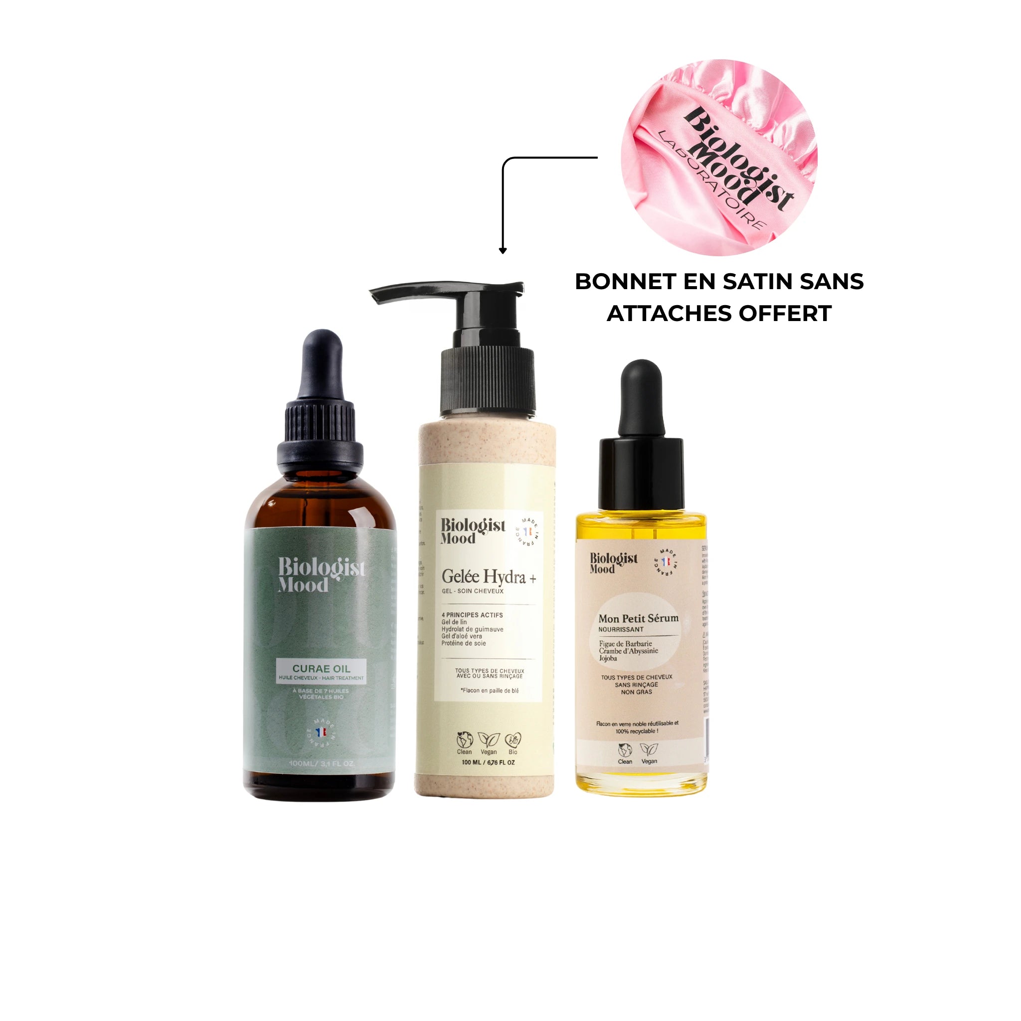 Pack soin réparateur cheveux secs Biologist Mood avec bonnet en satin offert – huile Curae, gelée hydratante et sérum capillaire