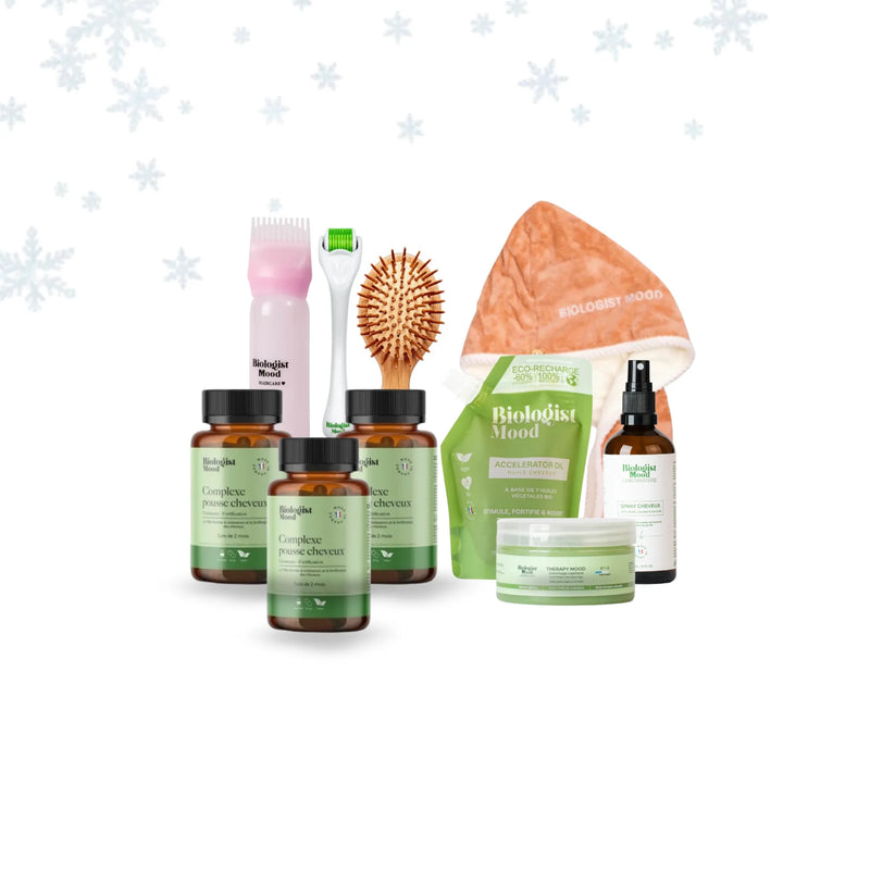 Pack transformation cheveux 6 mois Biologist Mood avec compléments alimentaires, huile capillaire pousse, accessoires et soins naturels pour stimuler la croissance et renforcer les cheveux
