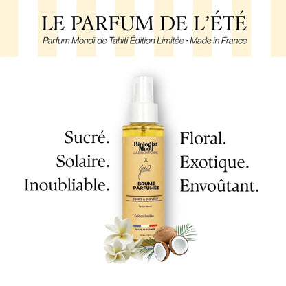 Brume parfumée Monoï de Tahiti Biologist Mood x Joud pour cheveux et corps, parfum solaire aux notes florales et exotiques inspirées de l&