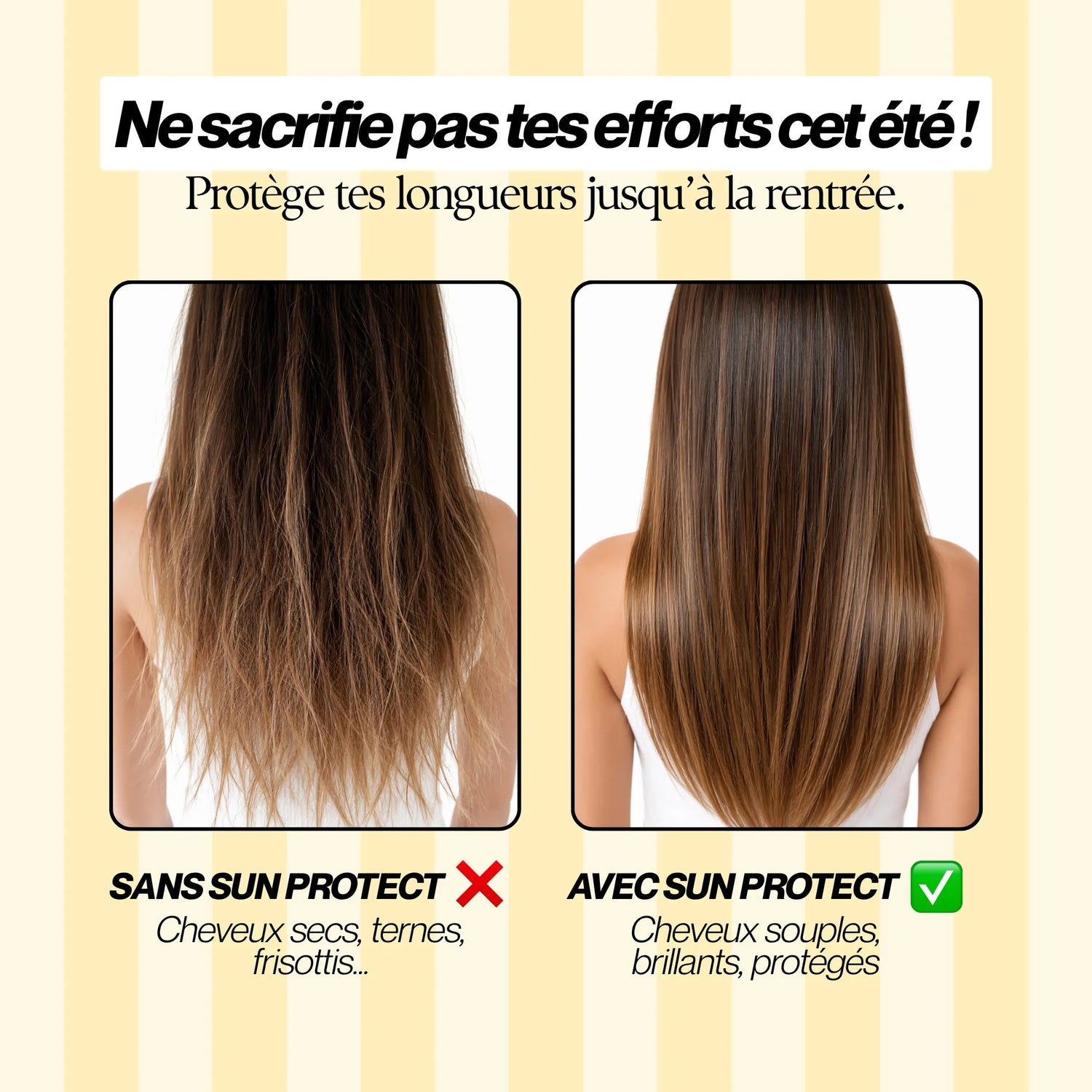 Protection cheveux soleil avant après avec Biologist Sun Protect pour des cheveux brillants, souples et protégés des UV