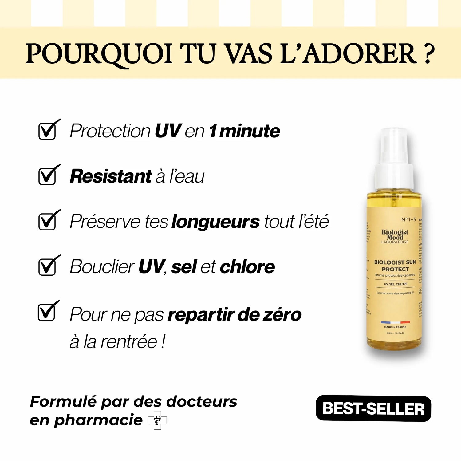Protection UV cheveux résistante à l’eau avec Biologist Sun Protect pour protéger les cheveux du soleil, du sel et du chlore tout l’été