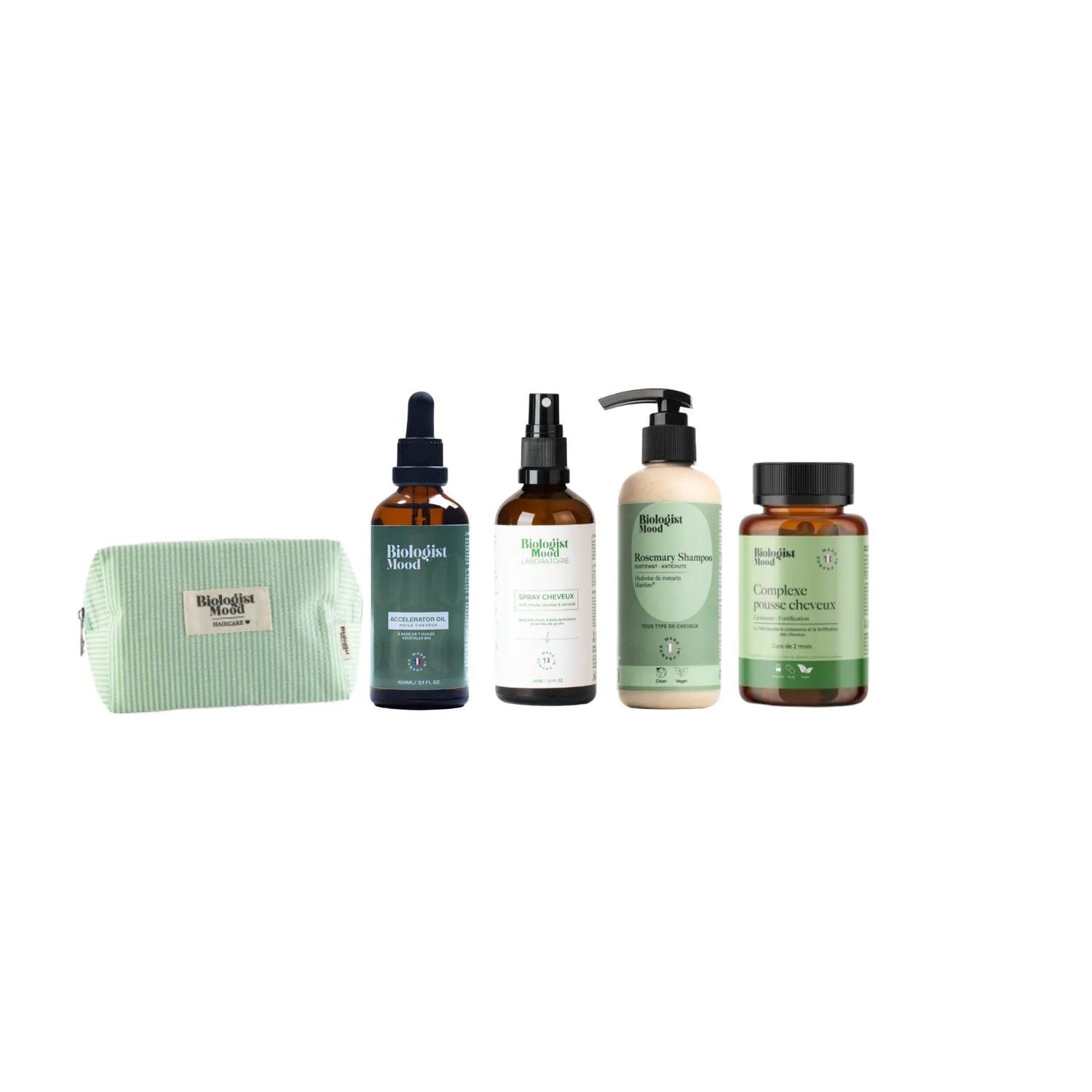 Protocole complet croissance cheveux Biologist Mood avec huiles, shampooing, spray et compléments pour stimuler la pousse et réduire la chute