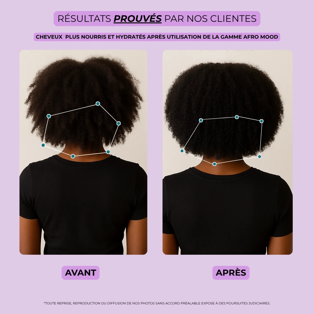 Résultats visibles du shampoing cheveux afro et crépus Biologist Mood – comparaison avant/après