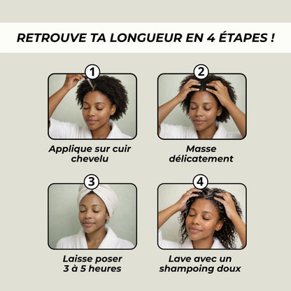 Roll-On Boost + Biologist Mood pour la pousse des cheveux en 4 étapes : appliquer sur le cuir chevelu, masser délicatement, laisser poser 3 à 5 heures, puis laver avec un shampooing doux – stimulation naturelle de la croissance capillaire.