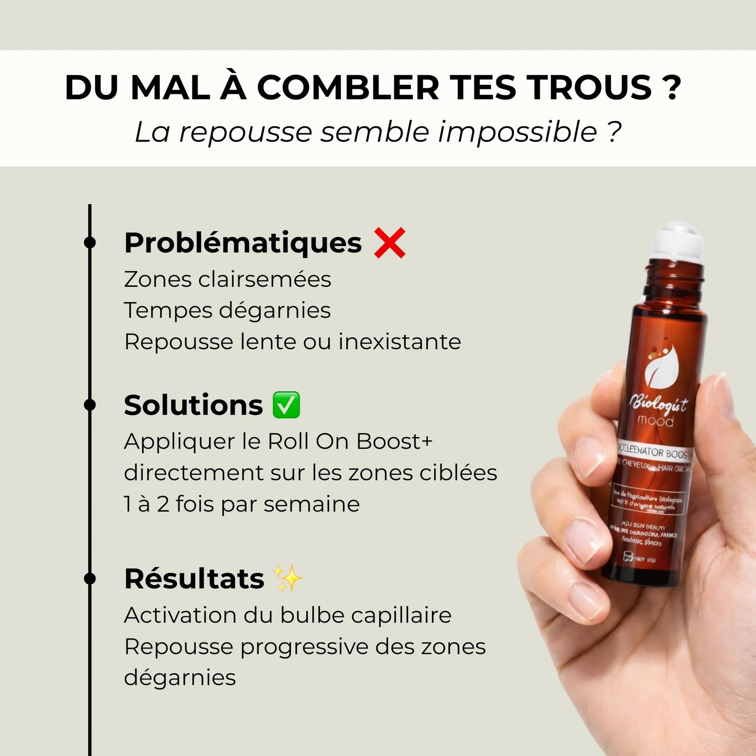 Roll-on Boost + Biologist Mood – huile essentielle anti-chute pour stimuler la repousse des cheveux et densifier les zones clairsemées