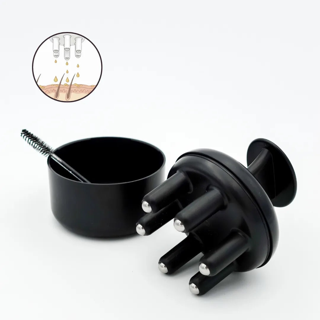 Roll-on applicateur de sérum pousse cheveux avec embouts massants pour stimuler le cuir chevelu et favoriser la croissance capillaire