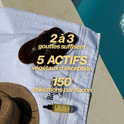 Sérum capillaire concentré avec 5 actifs végétaux dont huile d’argan, huile de jojoba et huile d’amande douce pour nourrir les cheveux secs et apporter de la brillance