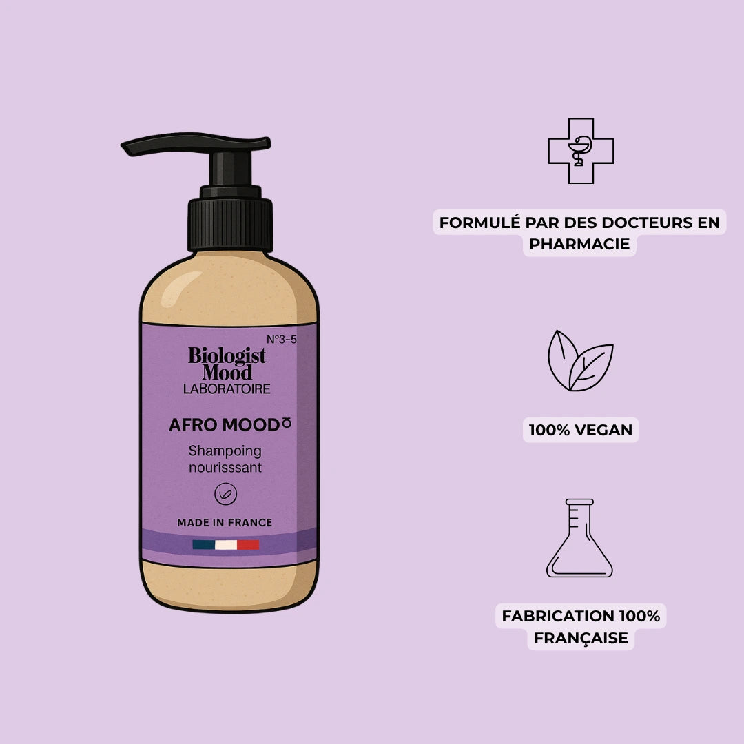 Shampoing nourrissant pour cheveux afro et crépus – formulé par des pharmaciens, vegan et fabriqué en France