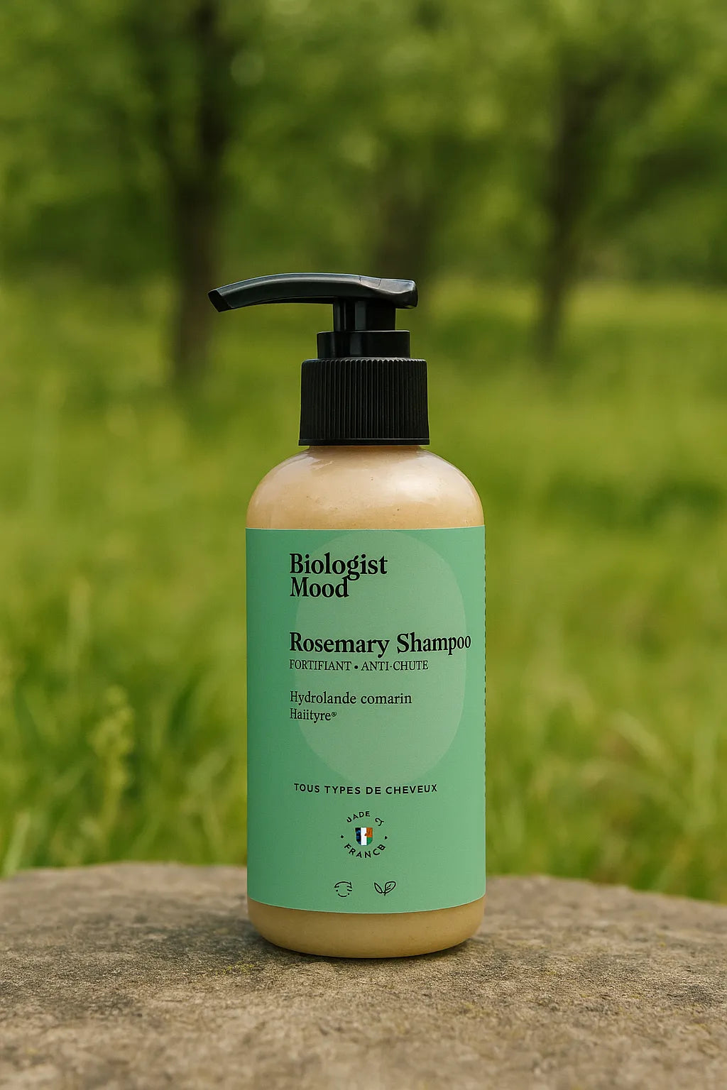  Shampoing au romarin Biologist Mood sur fond naturel vert avec herbe et feuillage, photographie éditoriale minimaliste et lumineuse, soin fortifiant antichute.