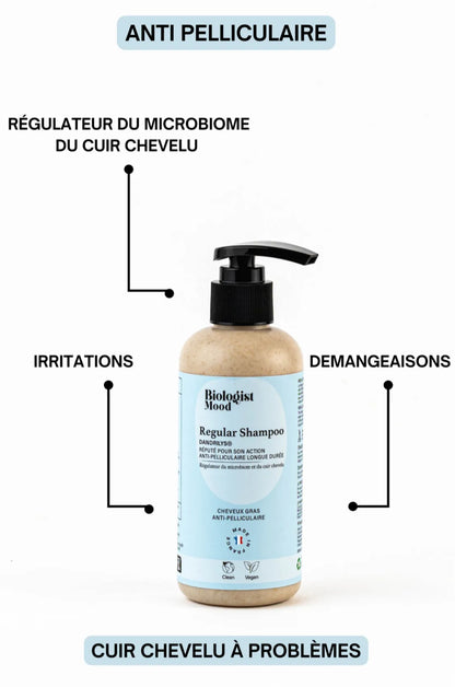 Flacon de shampoing sans sulfate pour cuir chevelu sensible, régulateur du microbiome avec action anti-démangeaisons et anti-irritations