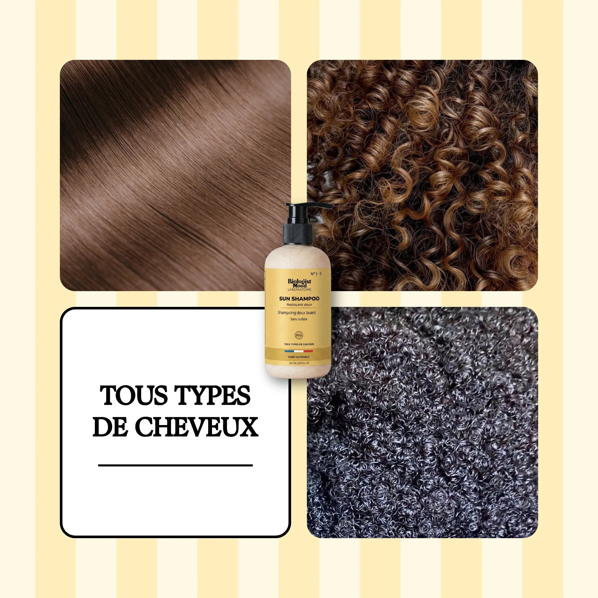 Shampoing sans sulfate Biologist Mood adapté à tous les types de cheveux : lisses, bouclés, frisés et crépus pour un nettoyage doux et une hydratation optimale.