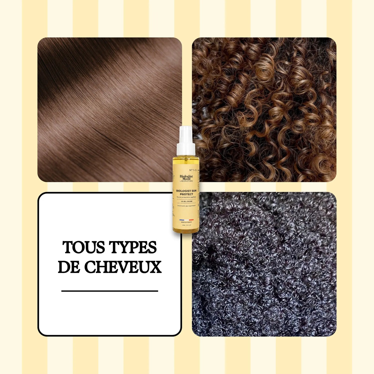 Spray protection cheveux soleil adapté à tous les types de cheveux lisses, bouclés et crépus