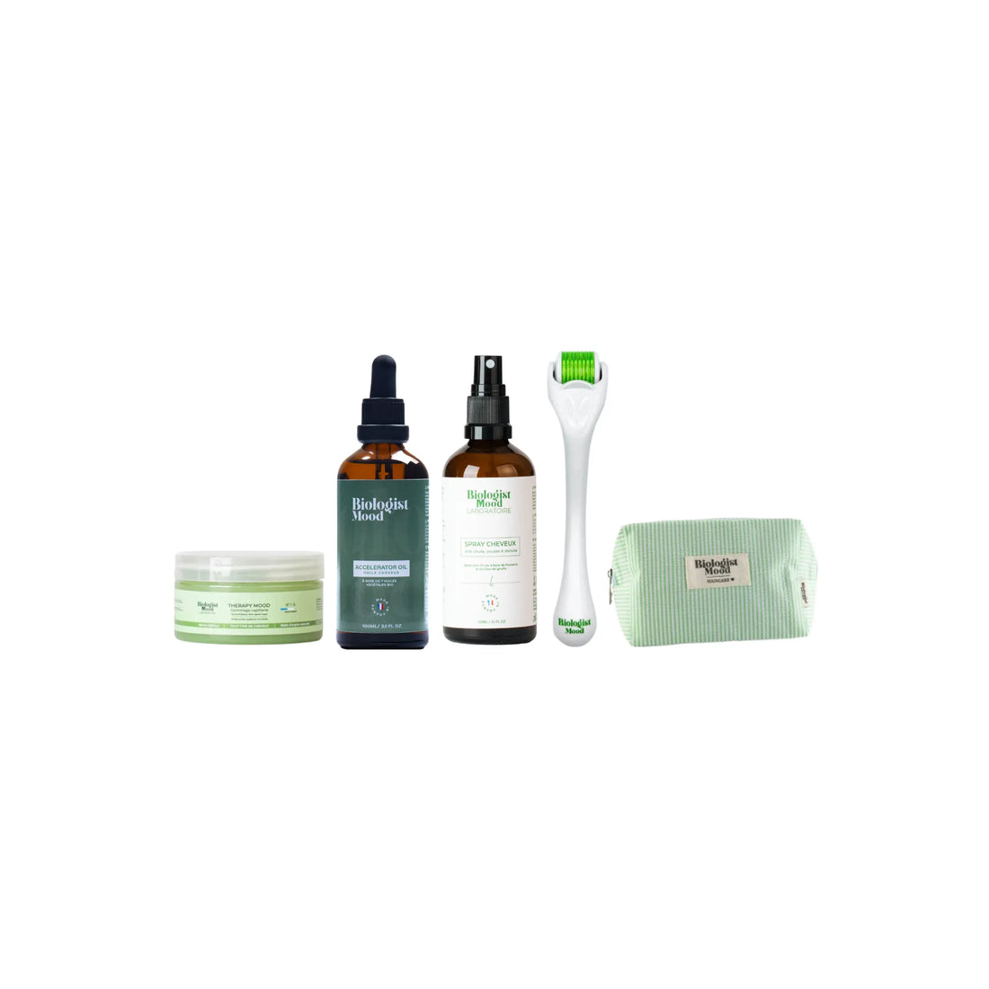 Starter pousse et brillance cheveux avec dermaroller, huile pousse cheveux, spray romarin et gommage capillaire Biologist Mood pour stimuler la croissance et renforcer les cheveux