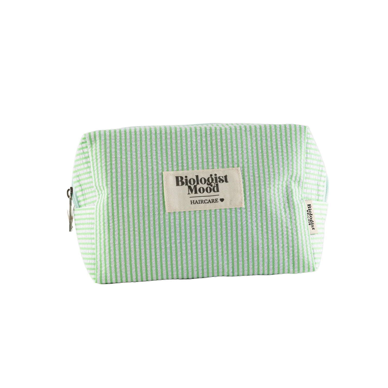 trousse verte rayée Biologist Mood été rangement accessoires beauté et soins cheveux