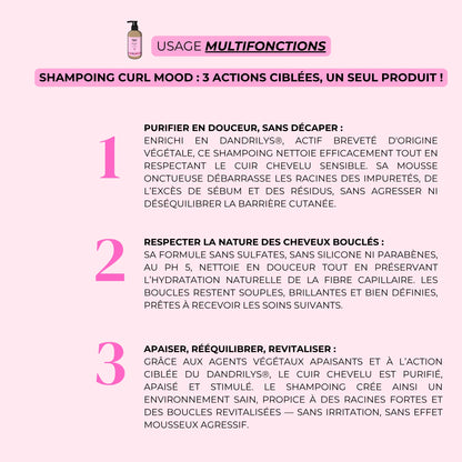 Utilisation du shampoing cheveux bouclés Curl Mood – routine en 3 étapes pour boucles hydratées et définies