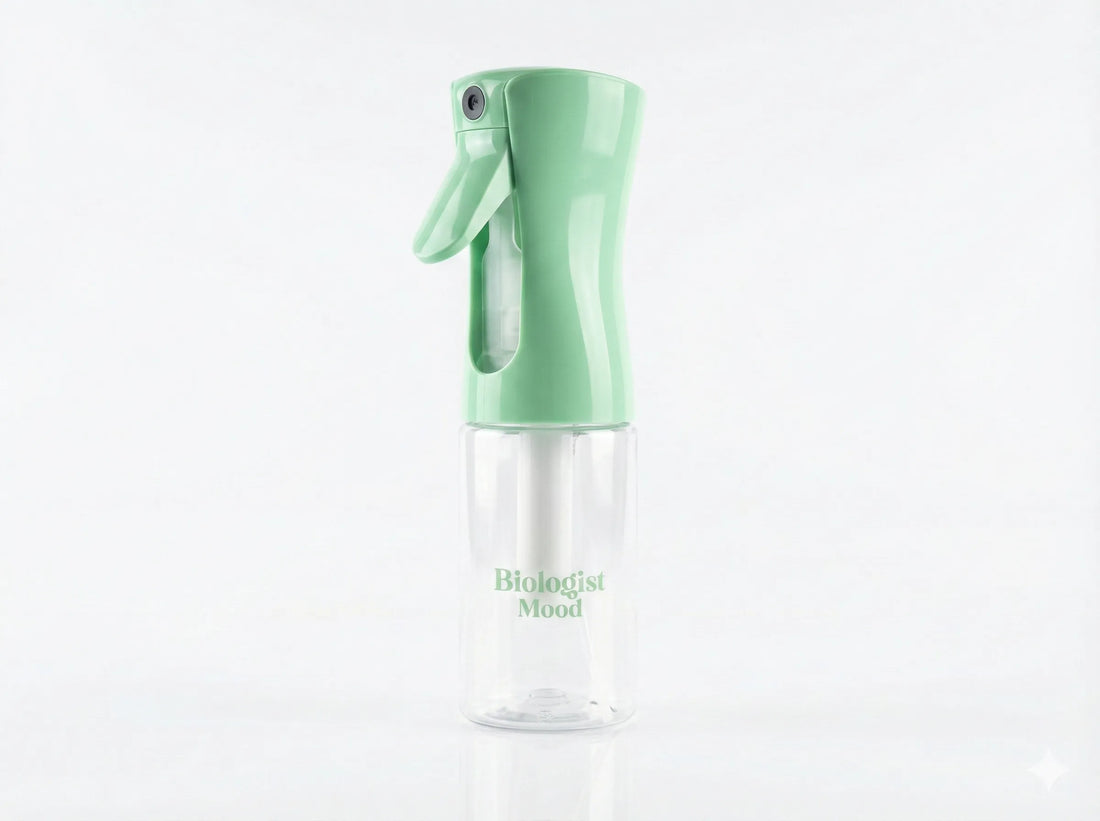 Vaporisateur pour cheveux Biologist Mood vert pastel avec flacon transparent, conçu pour une pulvérisation fine et uniforme des soins capillaires